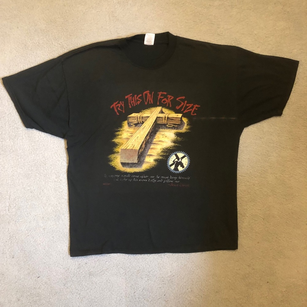 Vtg Jerzees Christian Religious Graphic T Shirt Black 2XL Try This On For Size